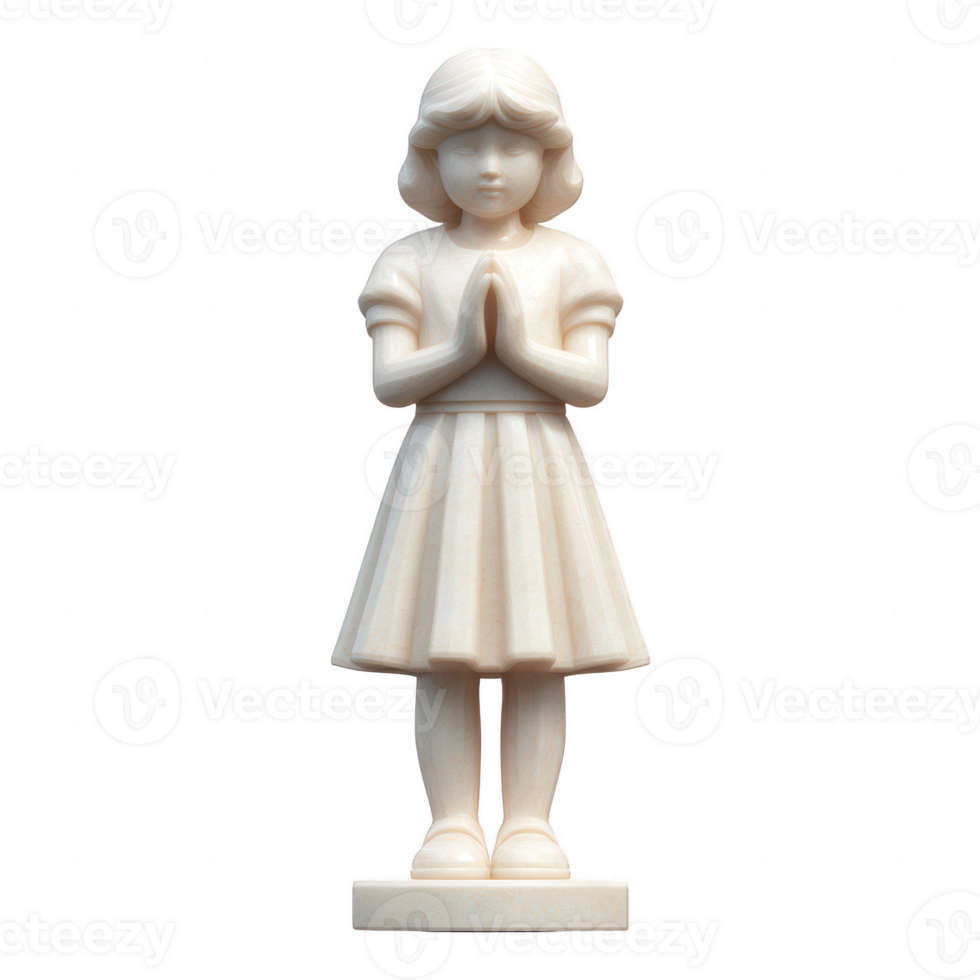 A white sculpture of a girl with clasped hands, standing gracefully. Ideal for themes of innocence and spirituality, displayed on a clean, isolated background. png