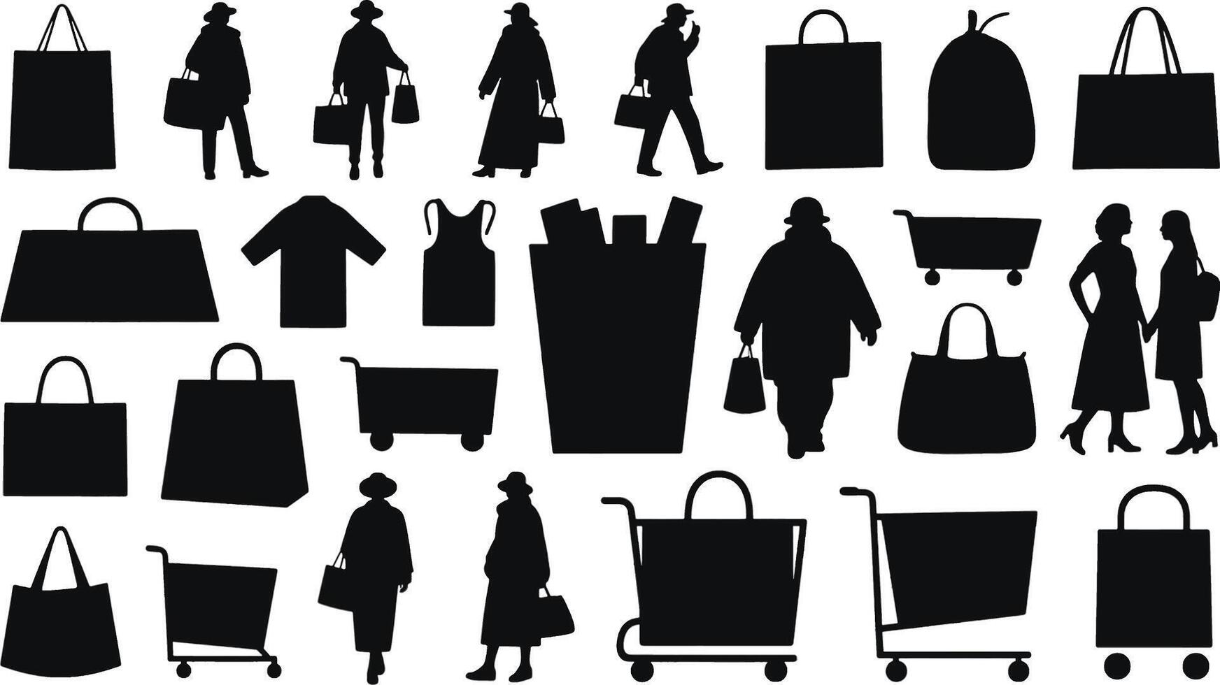 Stylish Shoppers and Bags Black Silhouettes of People Shopping in a Store with a Moody Atmosphere vector