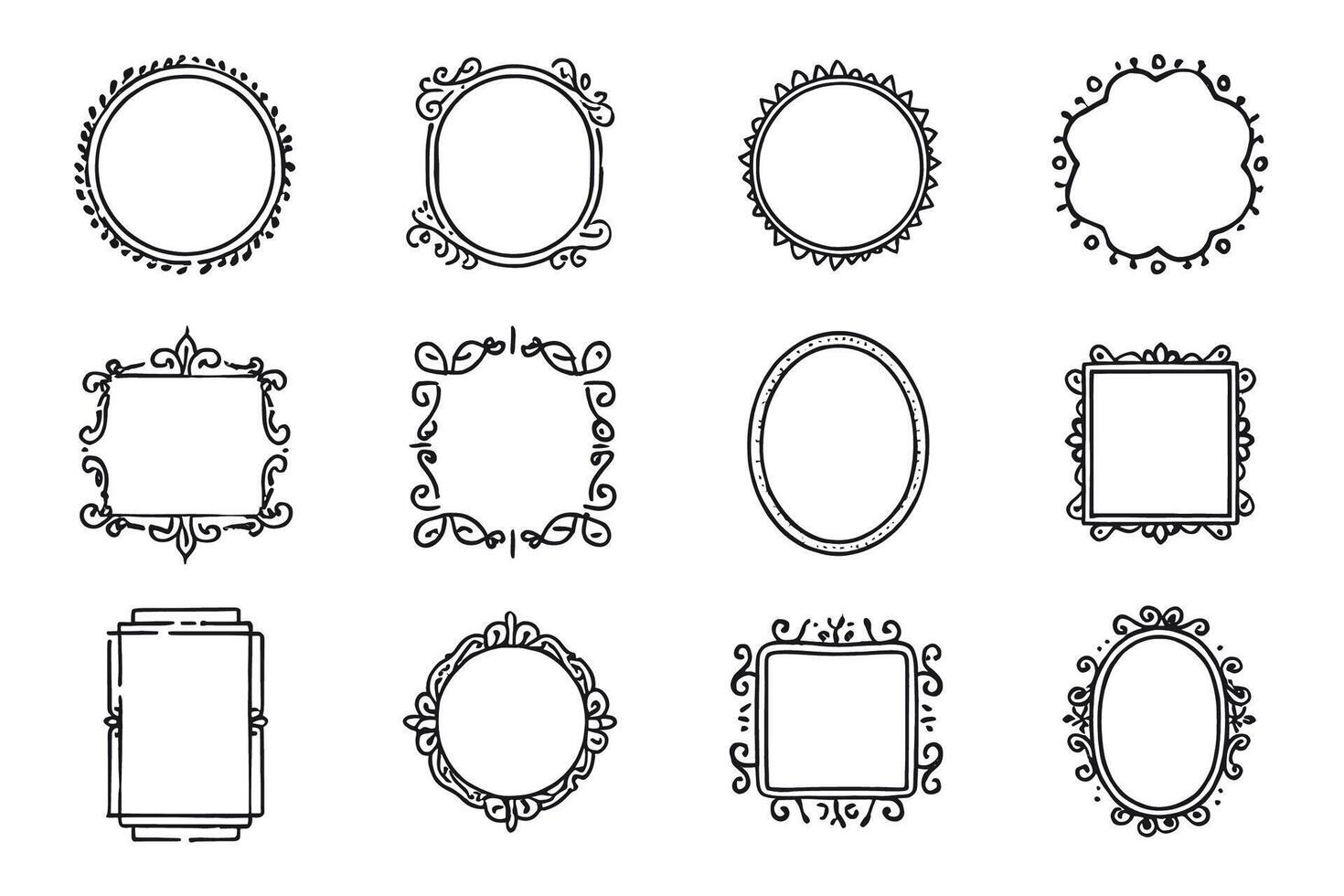 Twelve Elegant Hand-Drawn Ornate Frames, Perfect for Vintage Designs, Scrapbooking, and Digital Projects a Charming and Stylish Collection vector