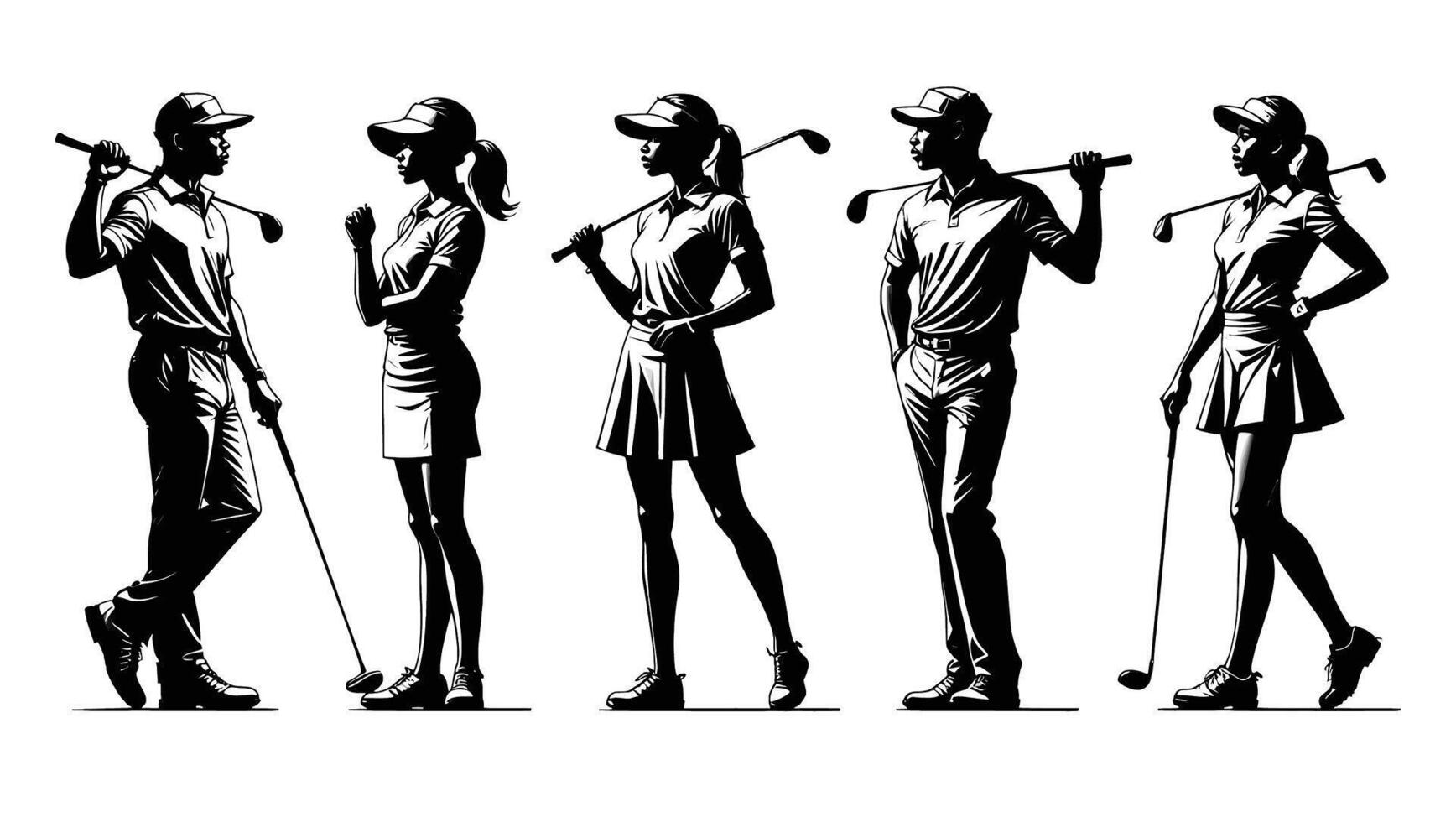 Stylish Black and White Silhouettes of Golfers Posing Confidently on a White Background, Representing Elegance and Skill in the Sport vector