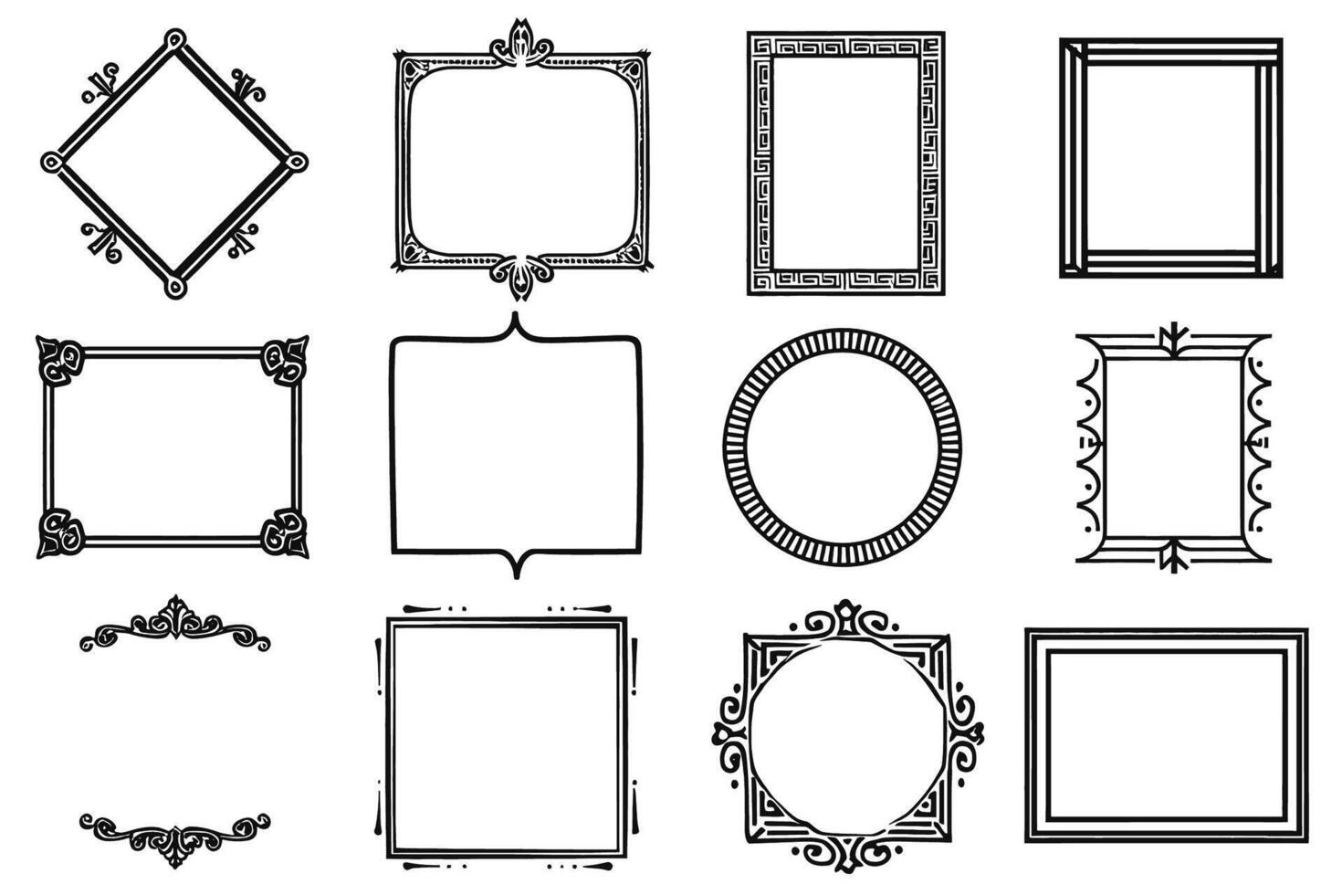 Elegant Collection of Twelve Ornate Decorative Frames Versatile Black and White Borders for Design Projects, Stylish and Classic Mood vector