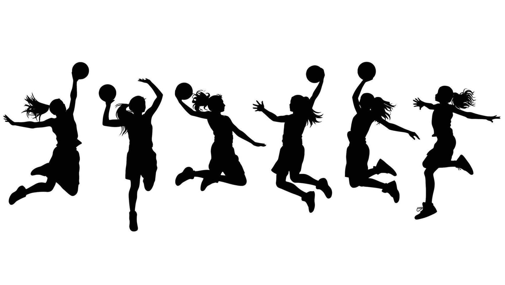 Dynamic Silhouettes of Female Basketball Players in Action, Showing Powerful Athleticism and Graceful Movements on a White Background vector