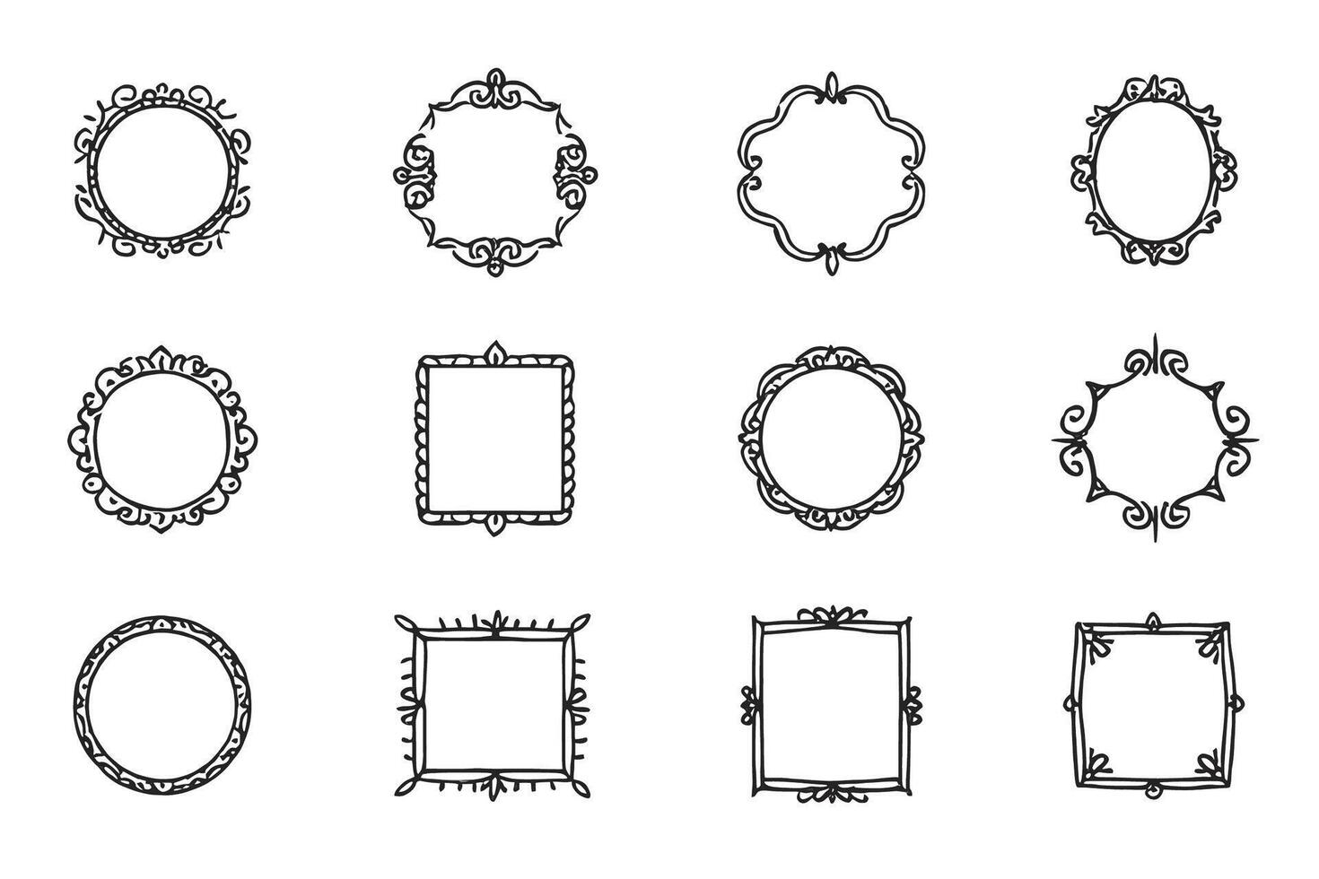 Twelve Elegant Hand-Drawn Ornate Frames for Vintage Design Projects, Perfect for Adding a Touch of Classic Charm vector