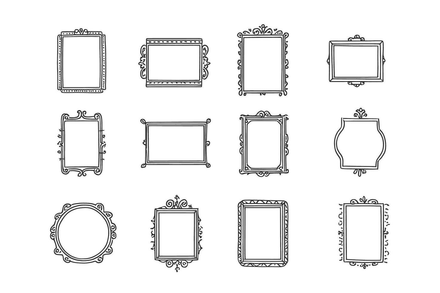 Twelve Elegant Hand-Drawn Ornate Picture Frames, Perfect for Vintage Design Projects, Offering a Romantic and Classic Mood vector