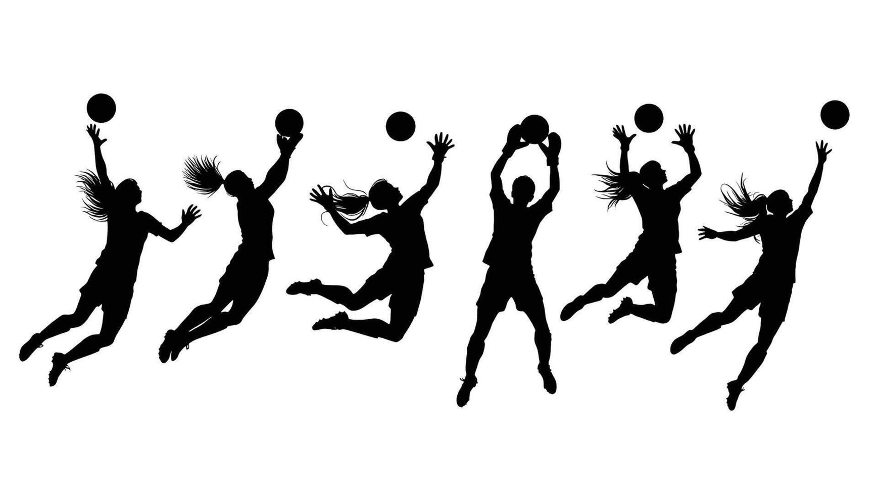Dynamic Silhouettes of Volleyball Players in Action Intense Competition, Powerful Leaps, and Energetic Gameplay - Professional digital artwork with vibrant colors and detailed composition vector