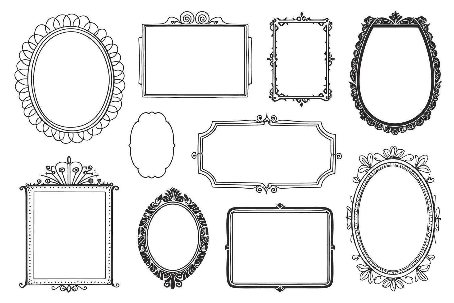 Collection of Elegant Hand-Drawn Ornate Frames for Vintage Design Projects, Ideal for Wedding Invitations or Romantic Scrapbooking vector