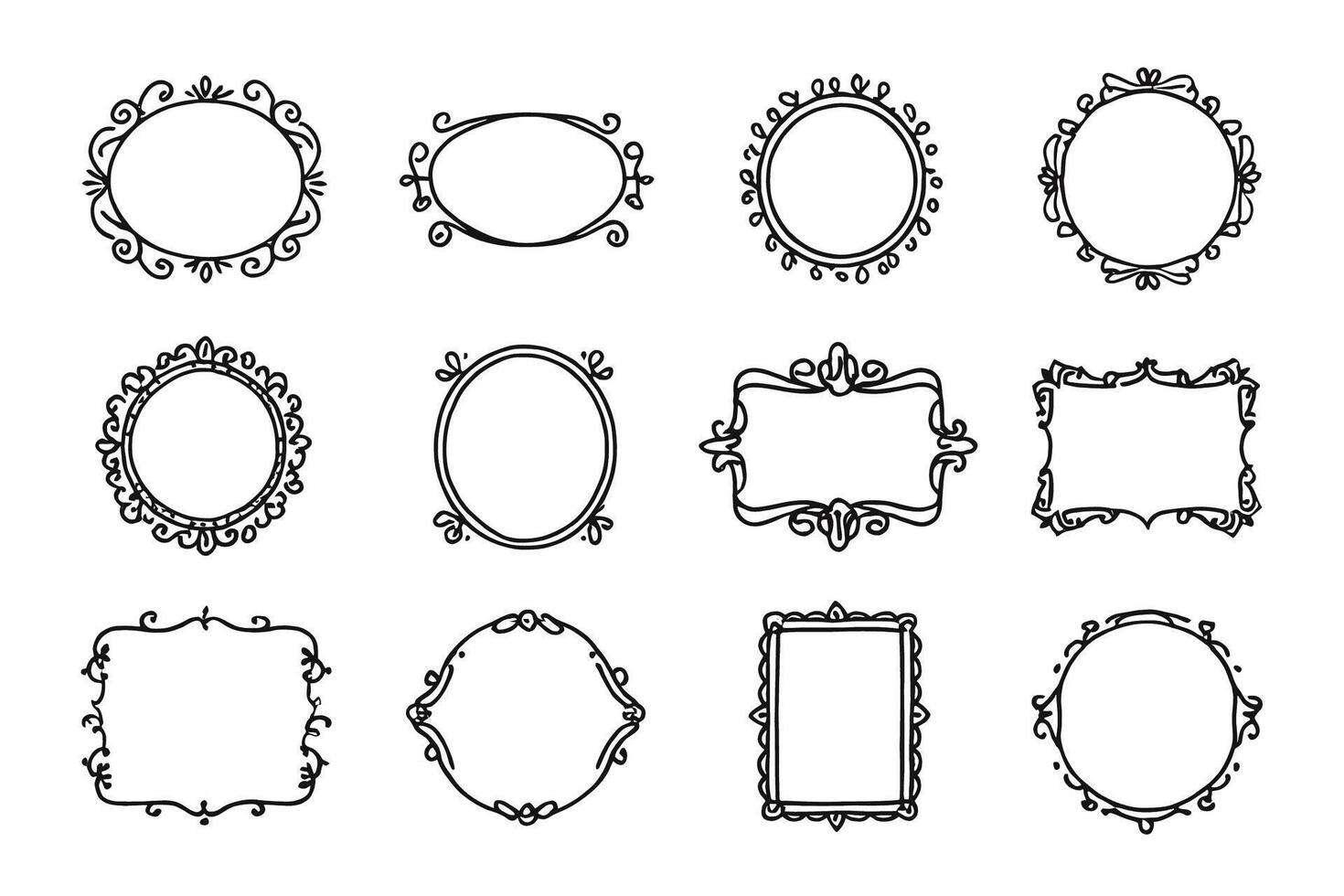Twelve Elegant Hand-Drawn Ornate Frames, Perfect for Vintage Design Projects, with a Romantic and Whimsical Mood vector