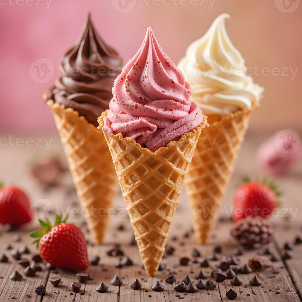 Three ice cream cones with chocolate and strawberry toppings photo