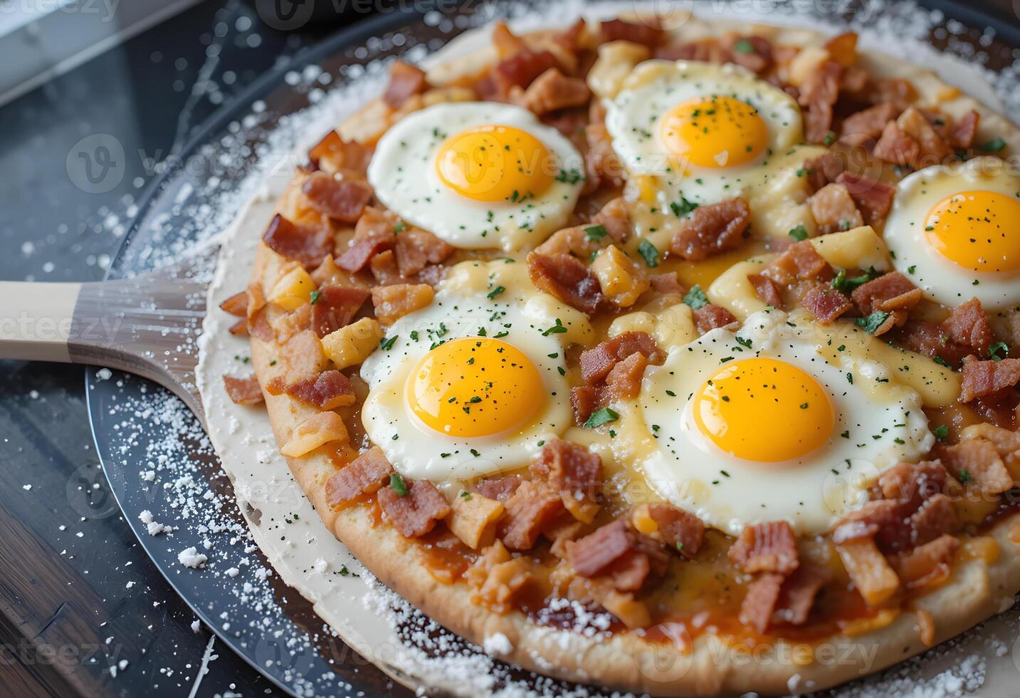 A pizza with eggs and bacon on top photo