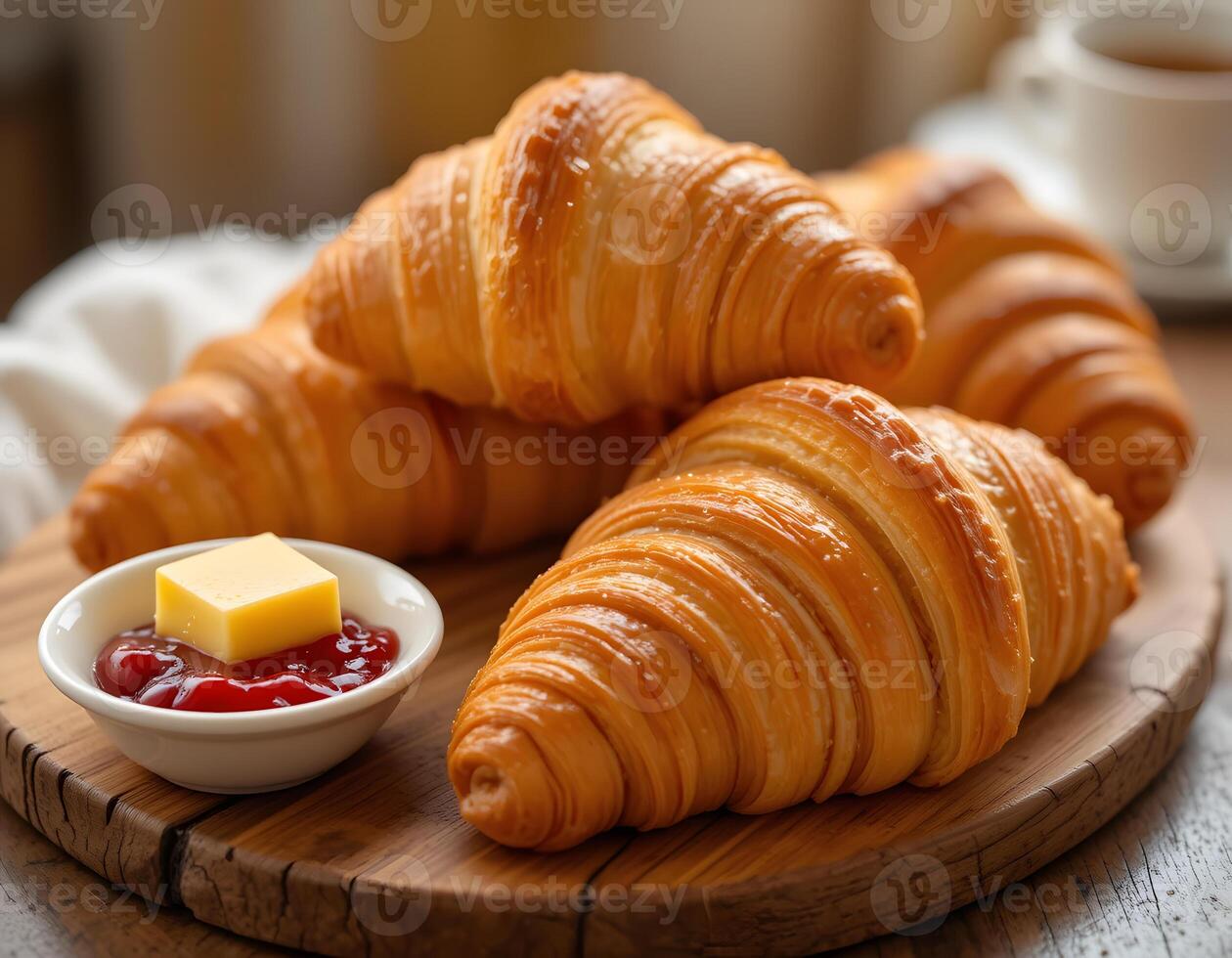 Croissants and butter on a wooden board photo