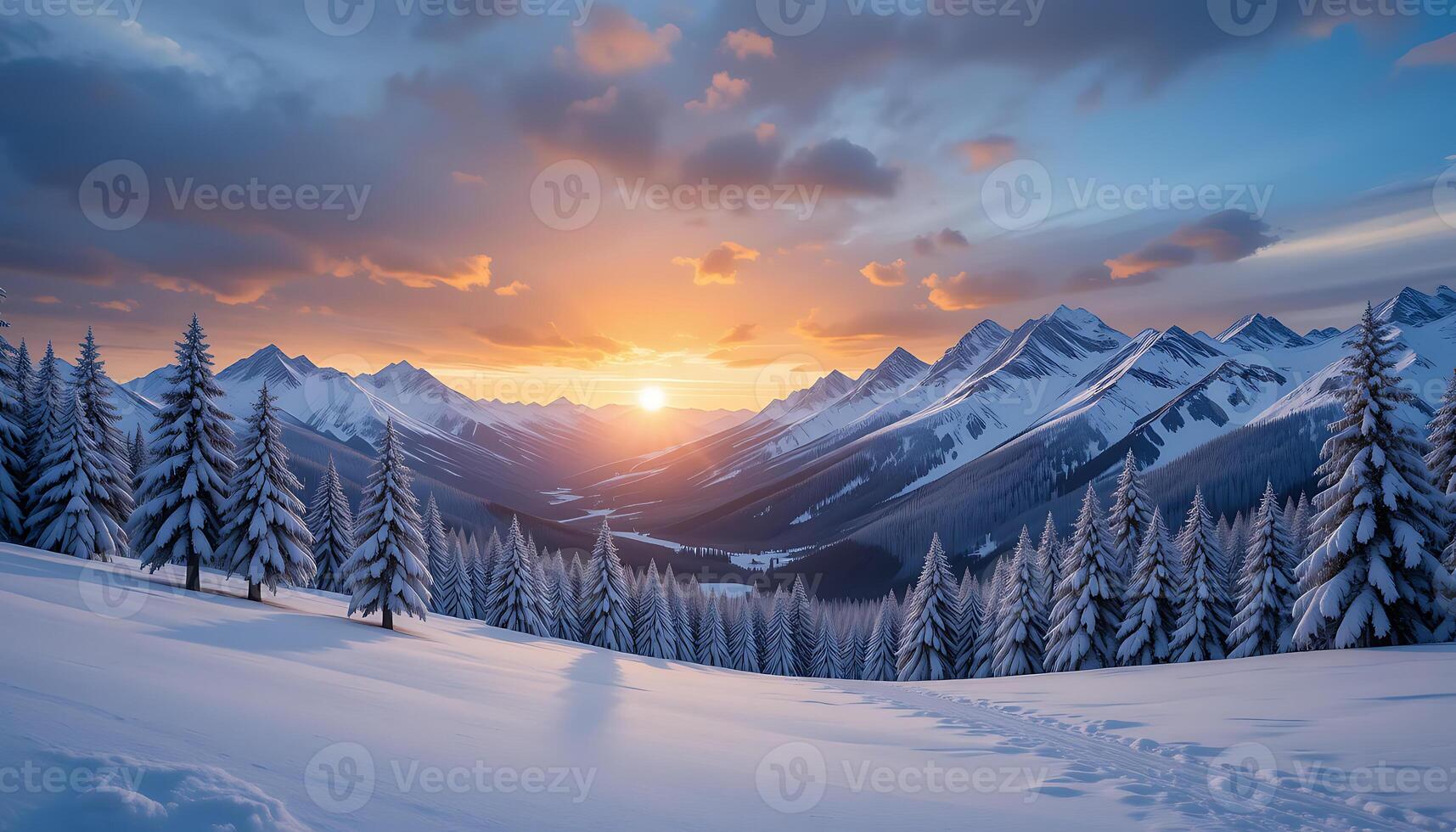 A beautiful sunset over a snowy mountain range photo