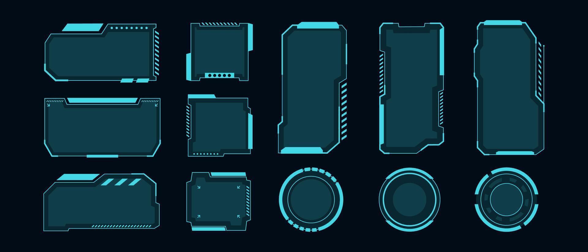 Big set of Sci Fi modern user interface elements. futuristic abstract HUD frame screen, button, loading, text isolated on black background. GUI elements for game. Data information infographic. vector