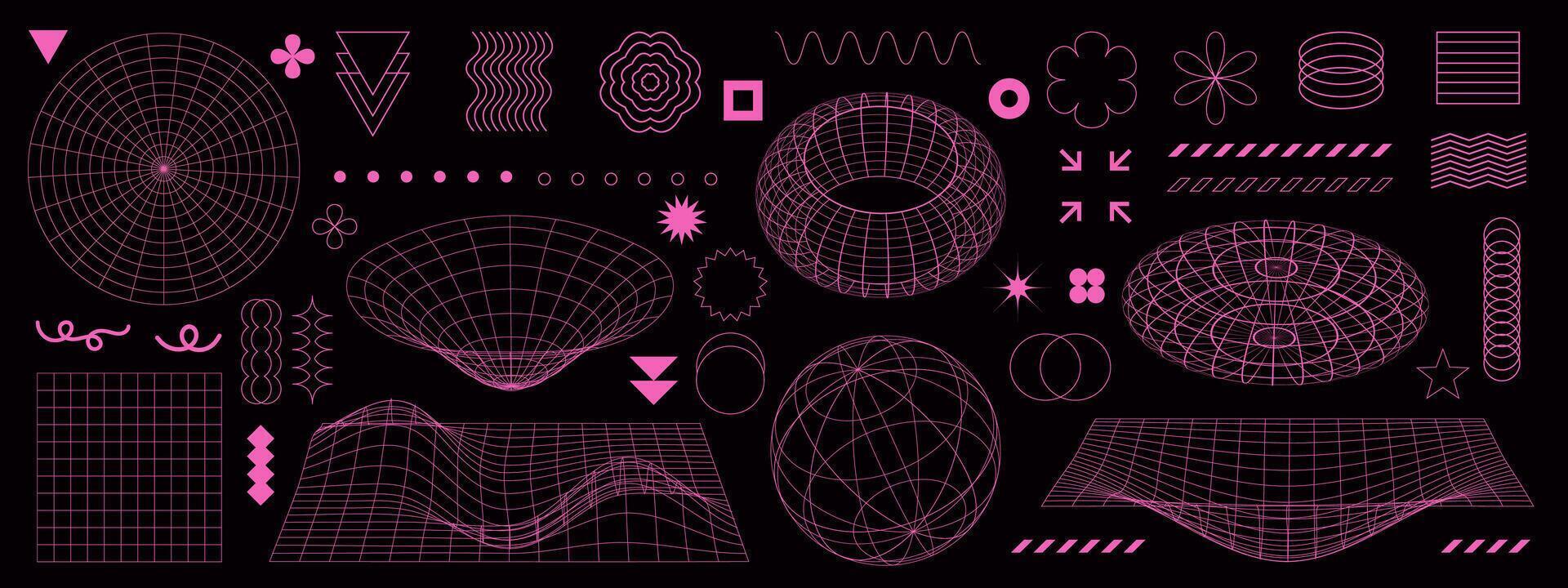 Geometry wireframe shapes and grids in neon pink color. 3D hearts, abstract backgrounds, patterns, cyberpunk elements in trendy psychedelic rave style. Y2k retro futuristic aesthetic. vector