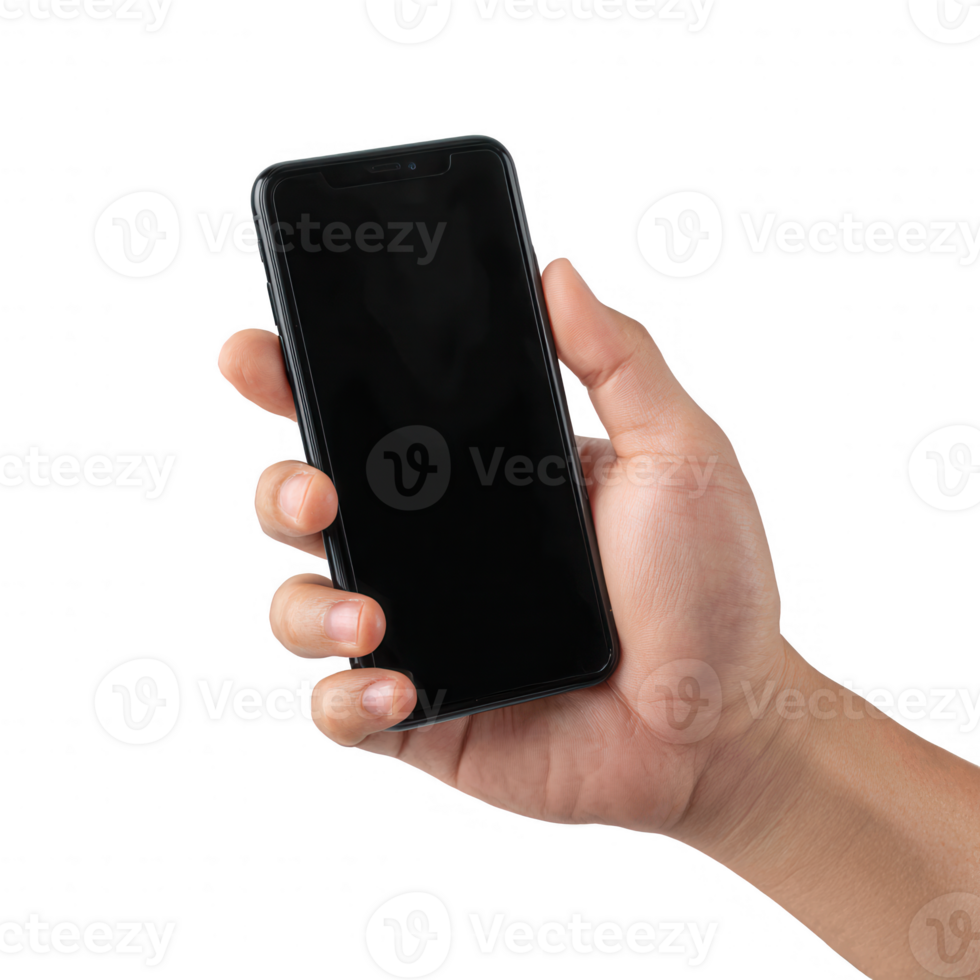 Hand holding a smartphone with a blank screen, perfect for showcasing mobile applications or digital content. png