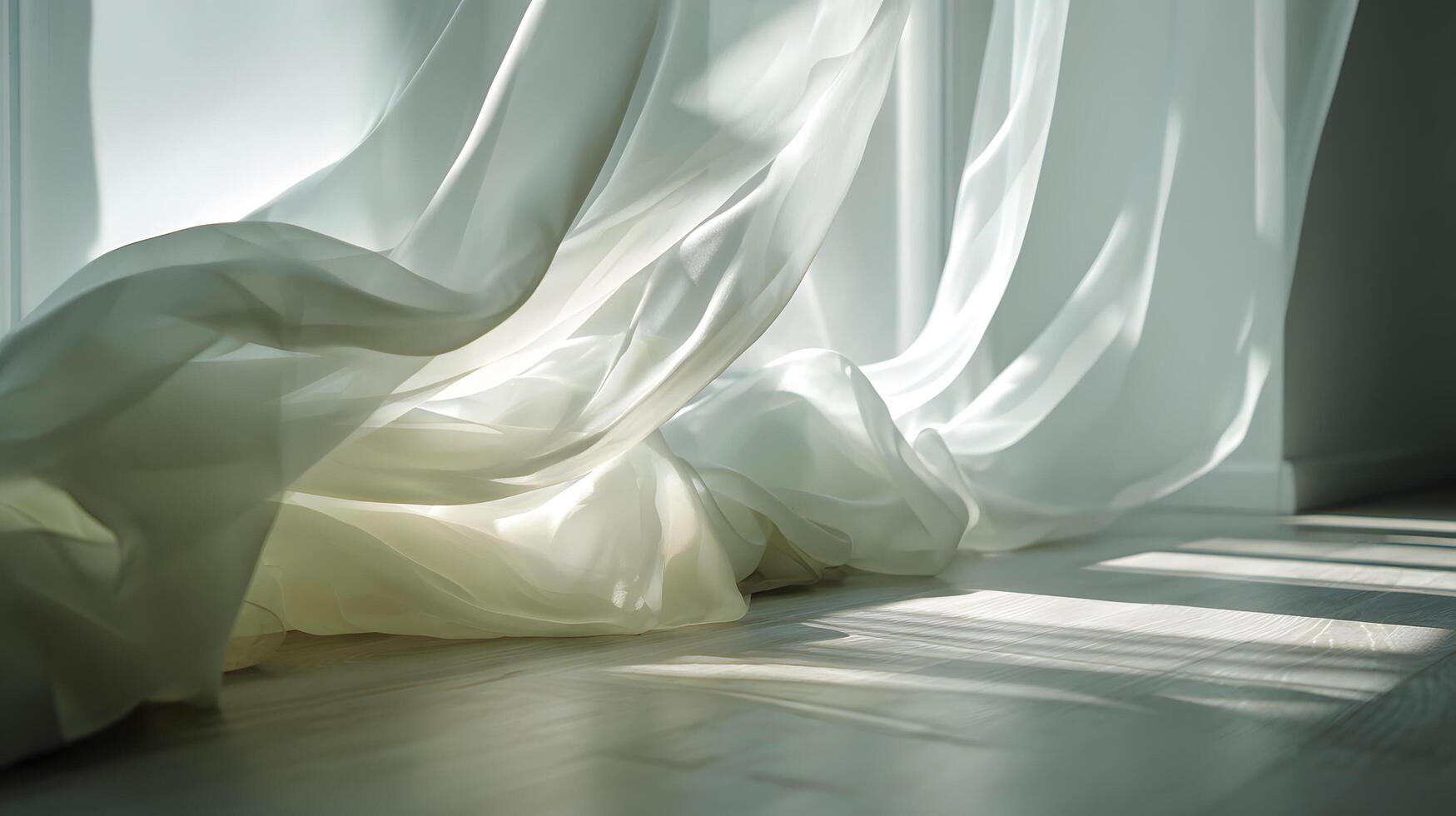 Sheer curtains blowing gently in sunlight illuminating a wooden floor photo