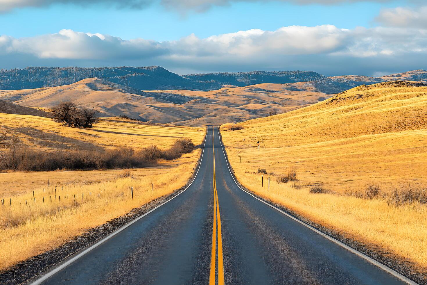 Scenic highway cutting through golden hills under a partly cloudy sky photo