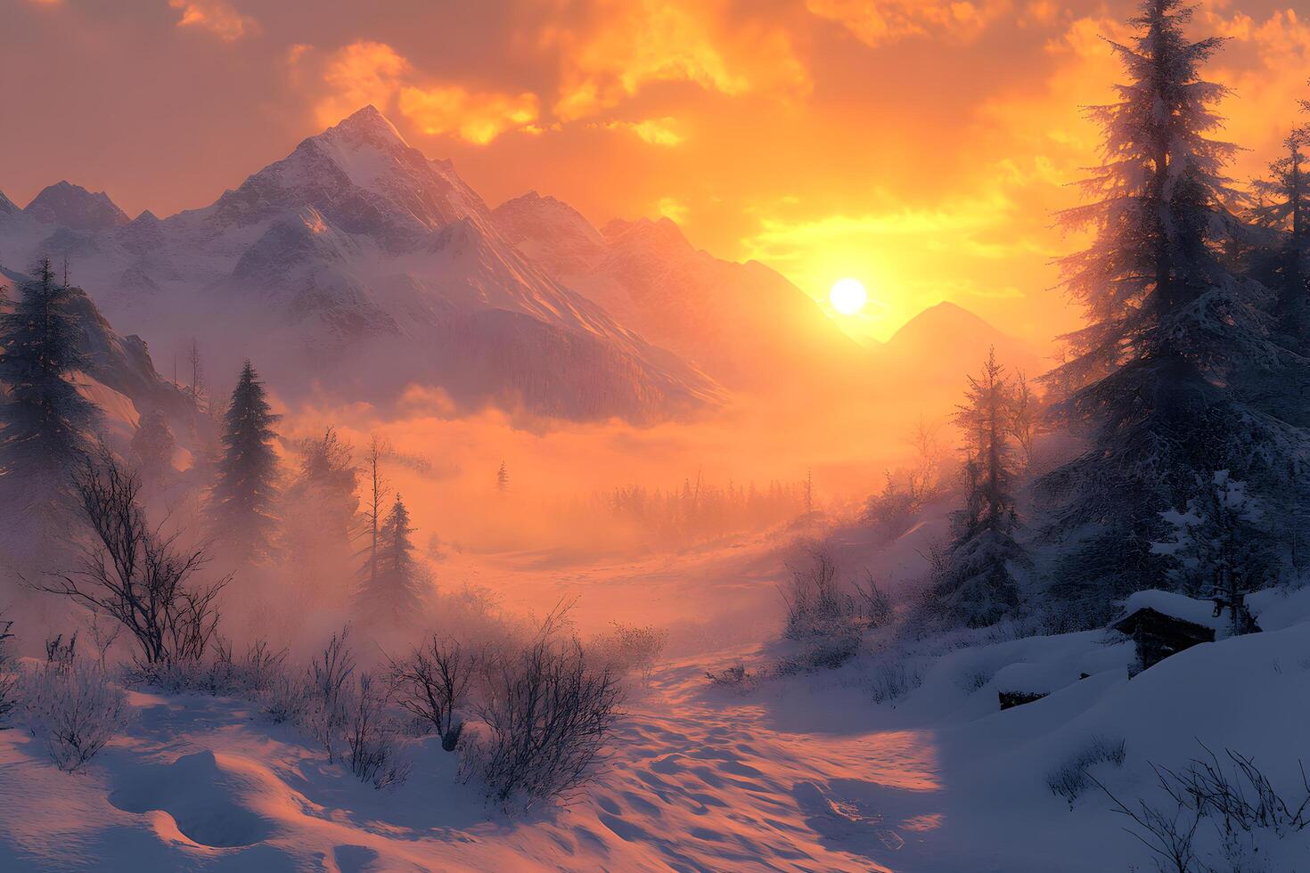 Majestic sunset over snowcapped mountains winter wonderland scenic path through frosty trees photo
