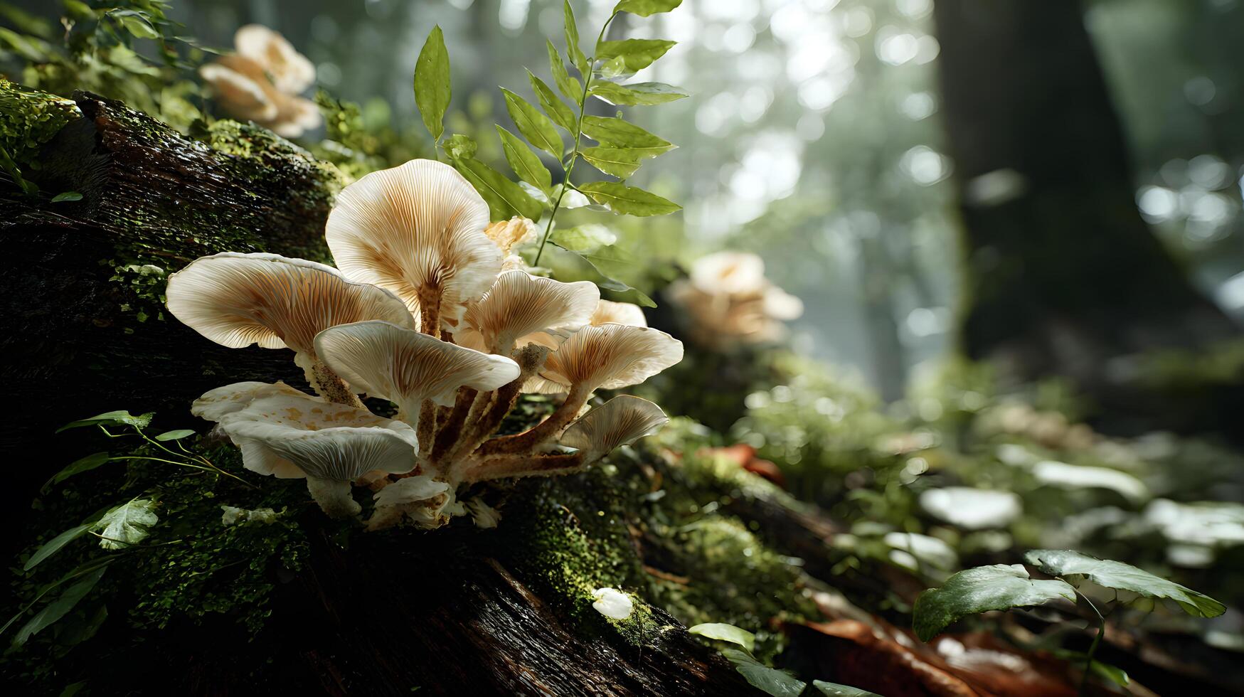Pale mushrooms growing on a mossy log in a sun dappled forest photo