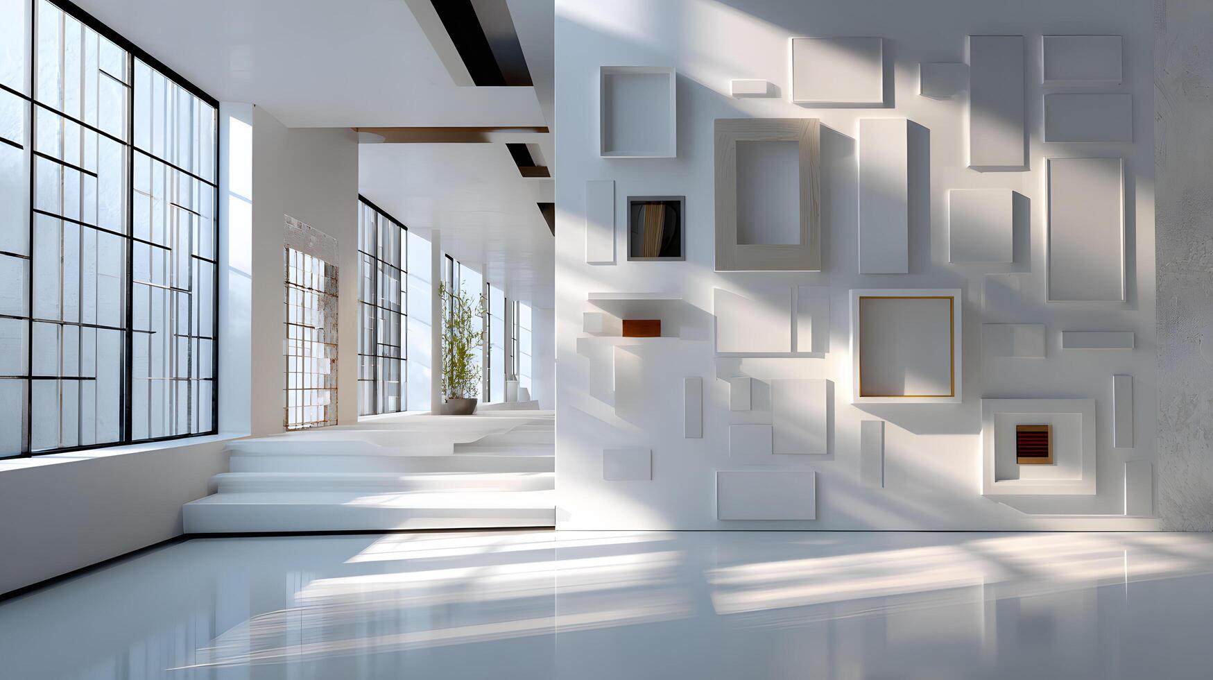Sunlit minimalist modern interior design with white walls and recessed frames a plant and large windows photo