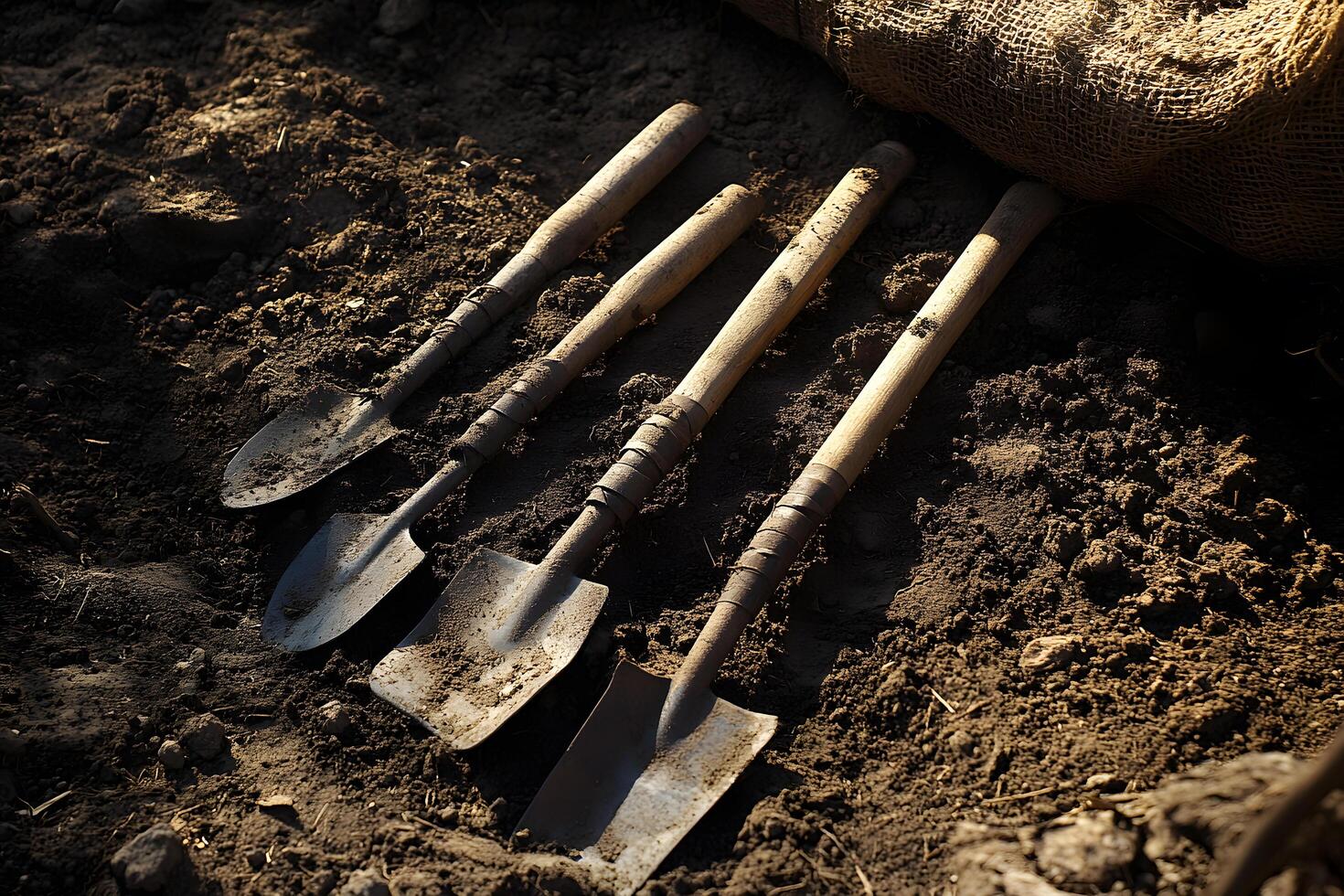 Four shovels rest on dark soil near a burlap sack in the sun photo