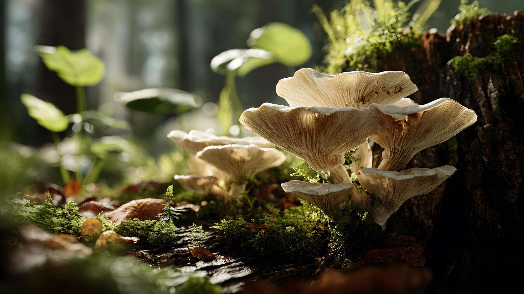 Delicate mushrooms growing on mossy log in sunlight forest scene photo