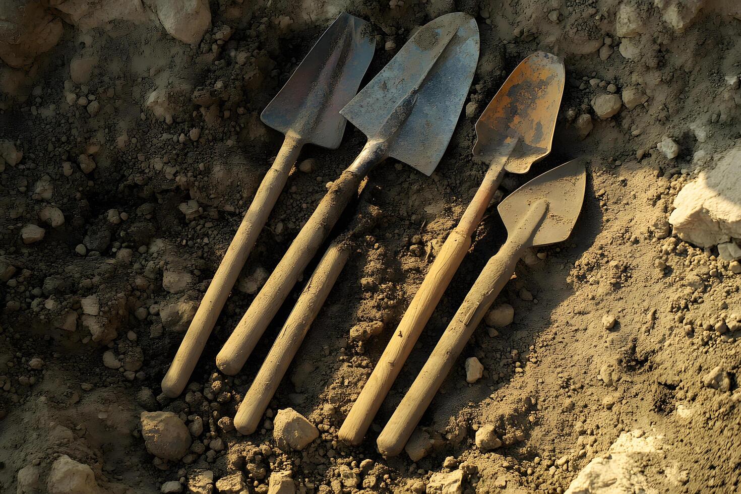 Four gardening tools rest on brown soil after a days work photo