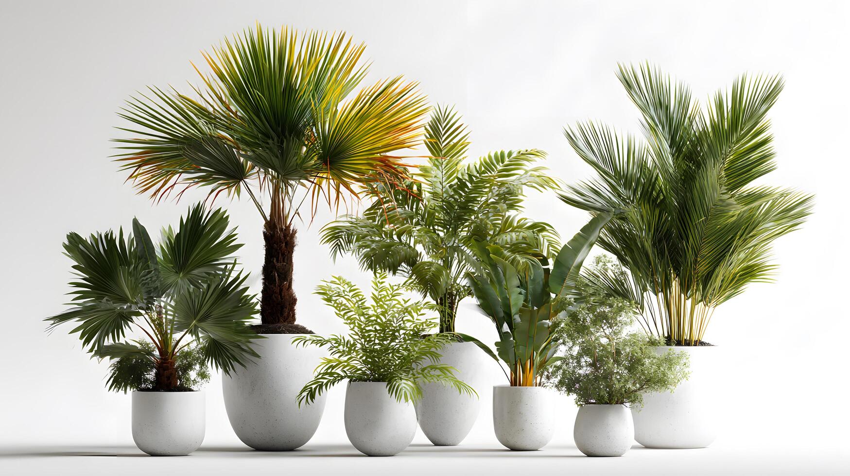 Tropical plants in white pots arranged on a white background a home decor display photo