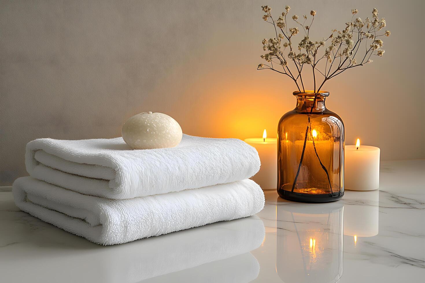 Spa setting with fluffy towels candles and dried flowers in a glass bottle photo