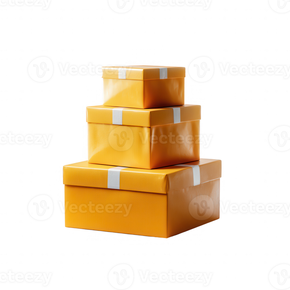 Three stacked yellow gift boxes with white ribbons on a transparent background, perfect for celebrating special occasions or festive events. png