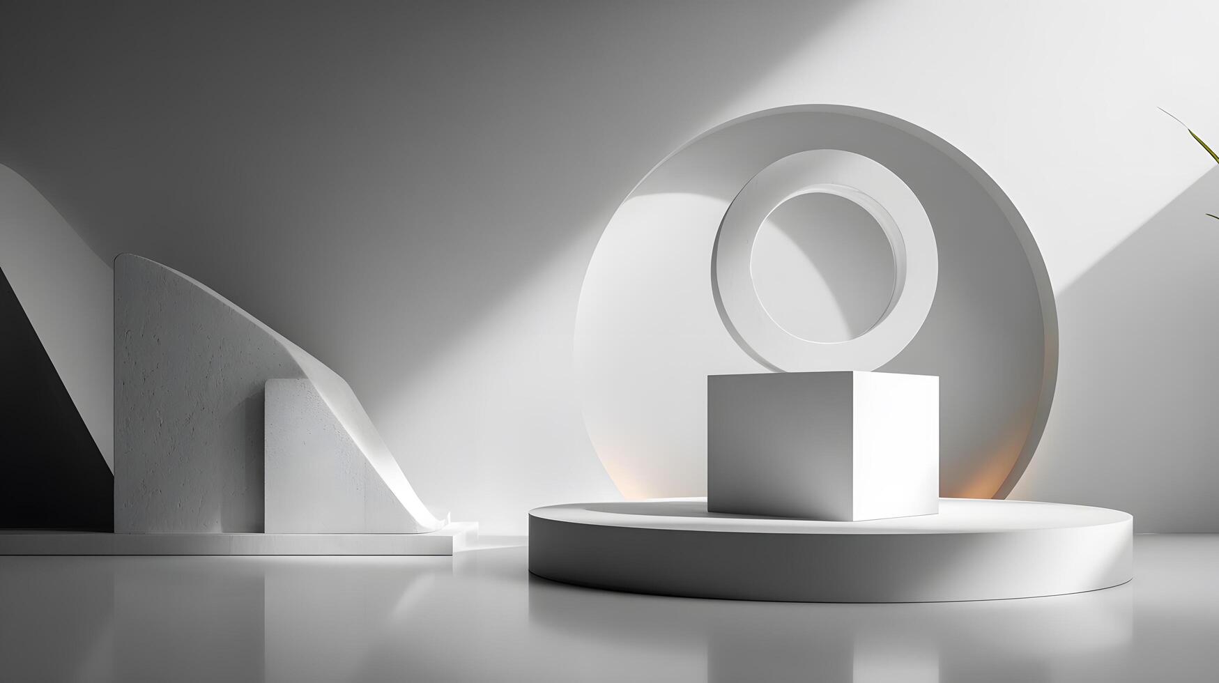 Minimalist white display cube and platform with geometric shapes and soft lighting photo