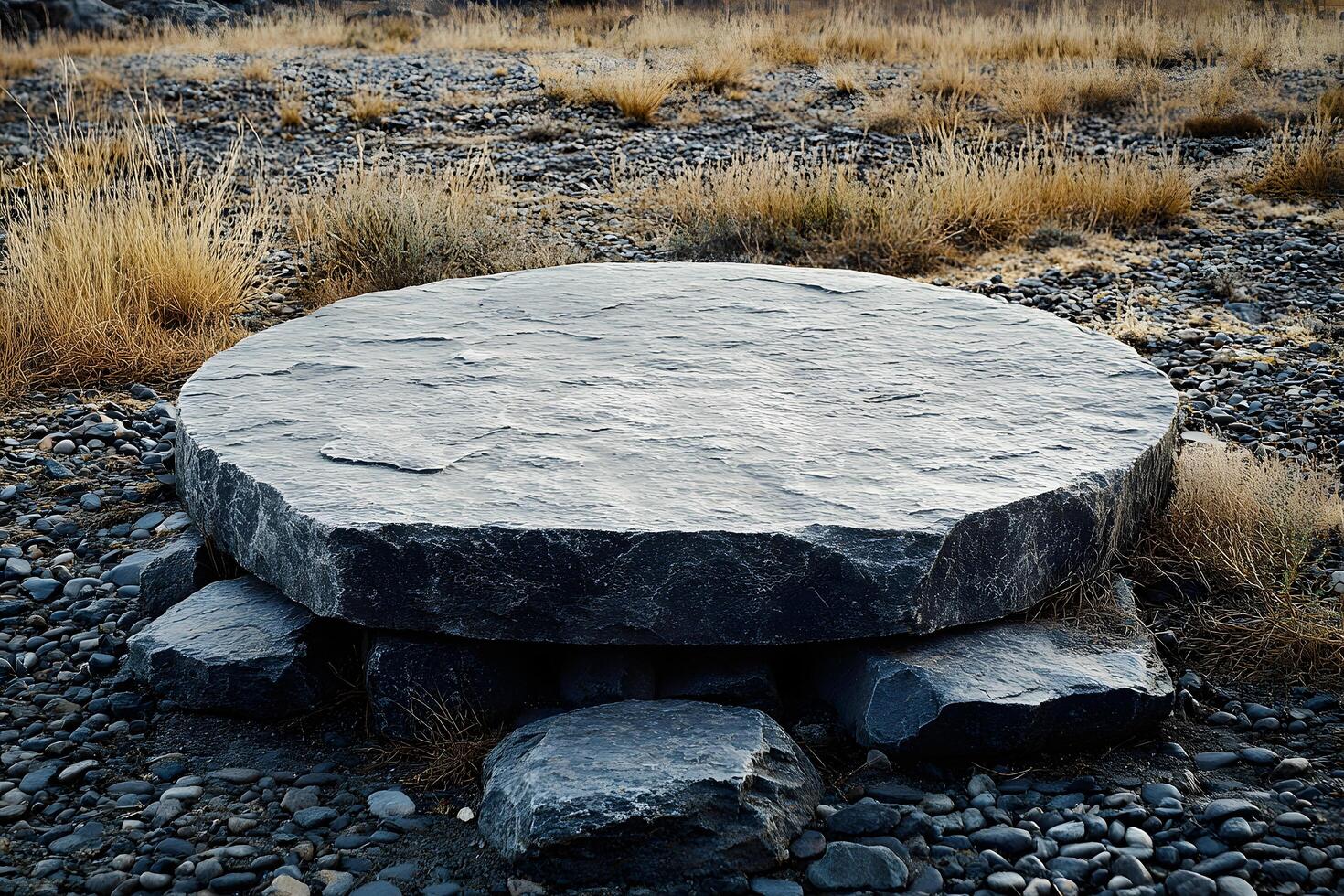 Large flat stone resting on smaller stones in a rocky landscape dry grass surrounds it photo