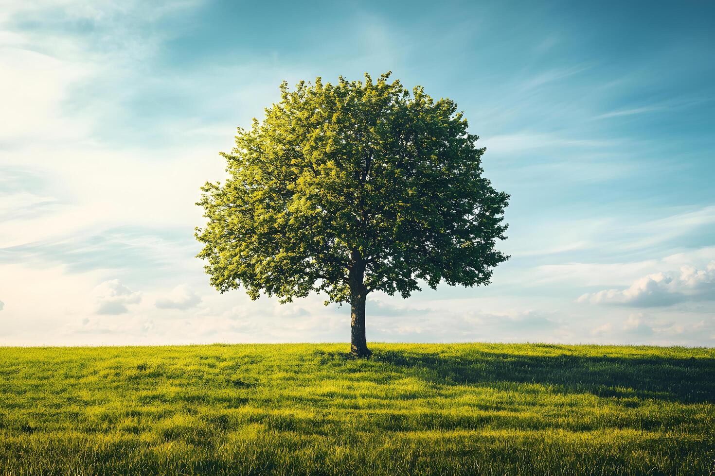 Lone tree in a green field under a blue sky photo