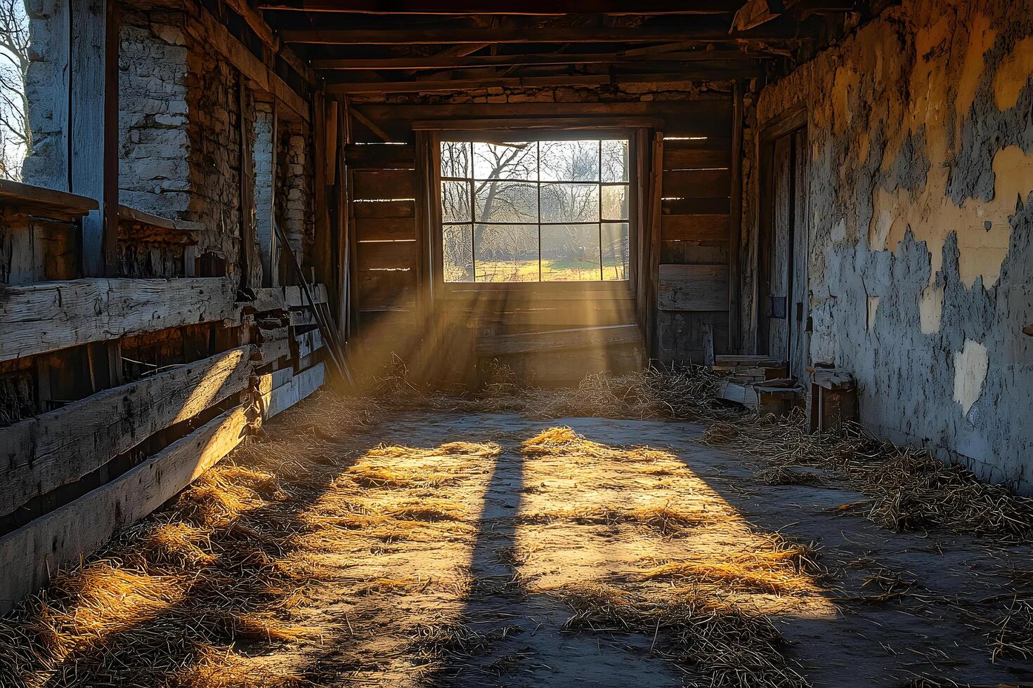 Sunbeams illuminate a rustic old barn interior hay strewn floor wooden walls and a window view photo