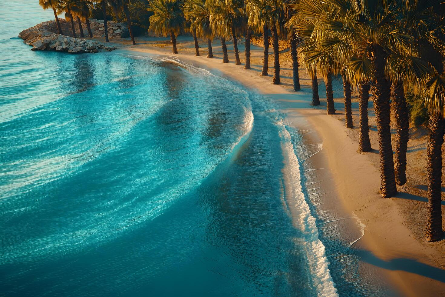 Palm trees line a tranquil sandy beach meeting turquoise ocean waves photo