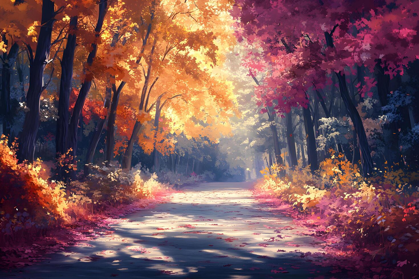 Autumnal path through vibrant forest sunlight dappling leaves and trees photo