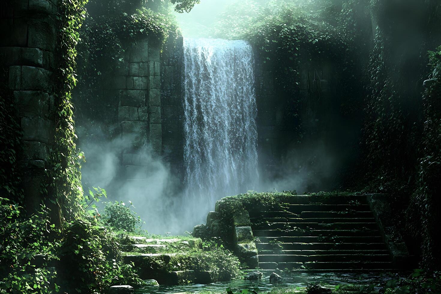 Misty waterfall cascading behind ancient stone steps overgrown with lush green vegetation a tranquil hidden paradise photo
