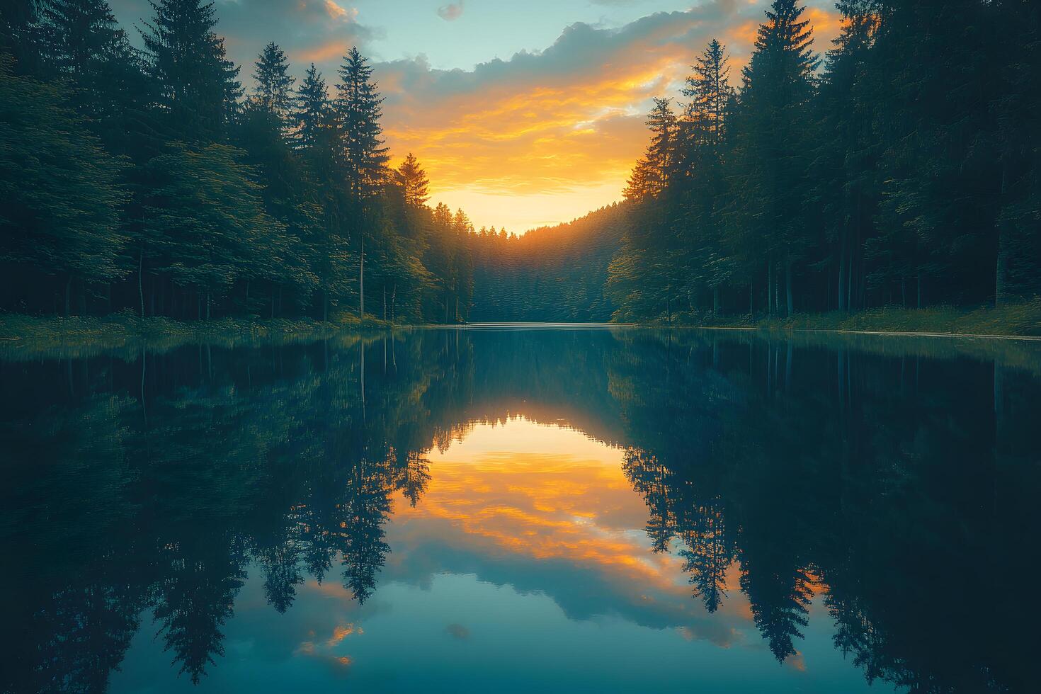 Serene sunset reflecting in a calm forest lake the trees mirror the golden sky photo