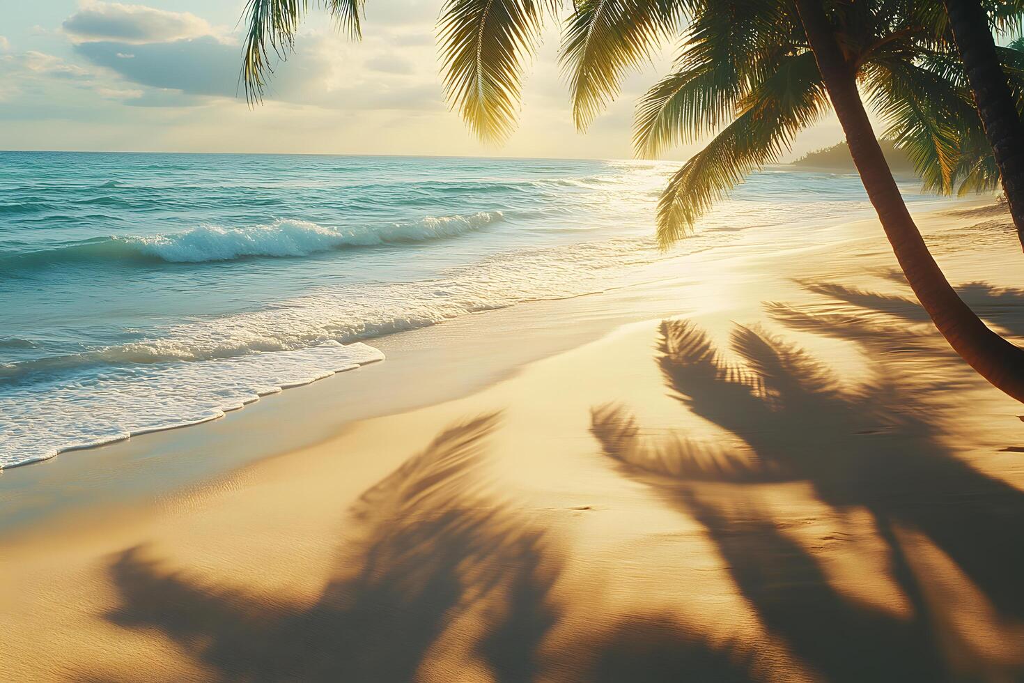 Golden sunset beach scene palm trees cast shadows on sand waves gently lap the shore photo