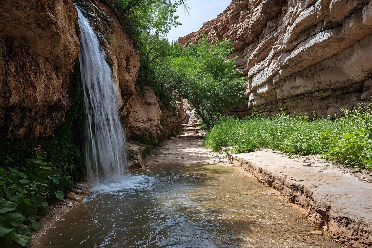 Waterfall flows into creek canyon path greenery rocks sunlight photo