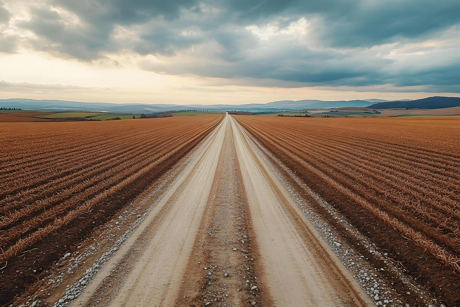 Dirt road through harvested fields under a cloudy sky leading to distant hills photo