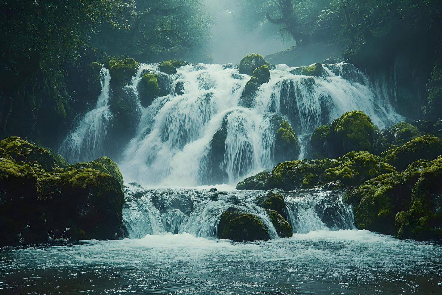 Mossy rocks and a cascading waterfall in a misty forest a tranquil scene of nature photo