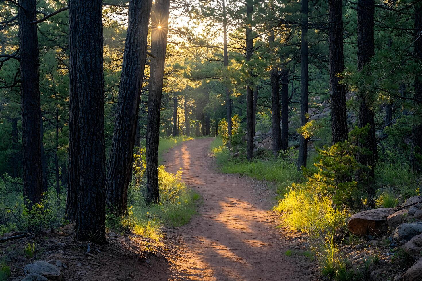 Sunlit path through a pine forest golden hour hike forest trail nature scenery photo