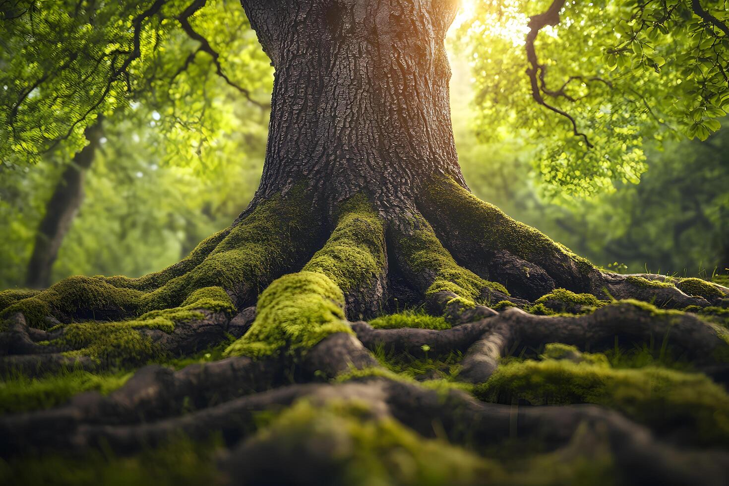 Majestic tree roots covered in vibrant green moss sunlight filtering through leaves in a lush forest photo