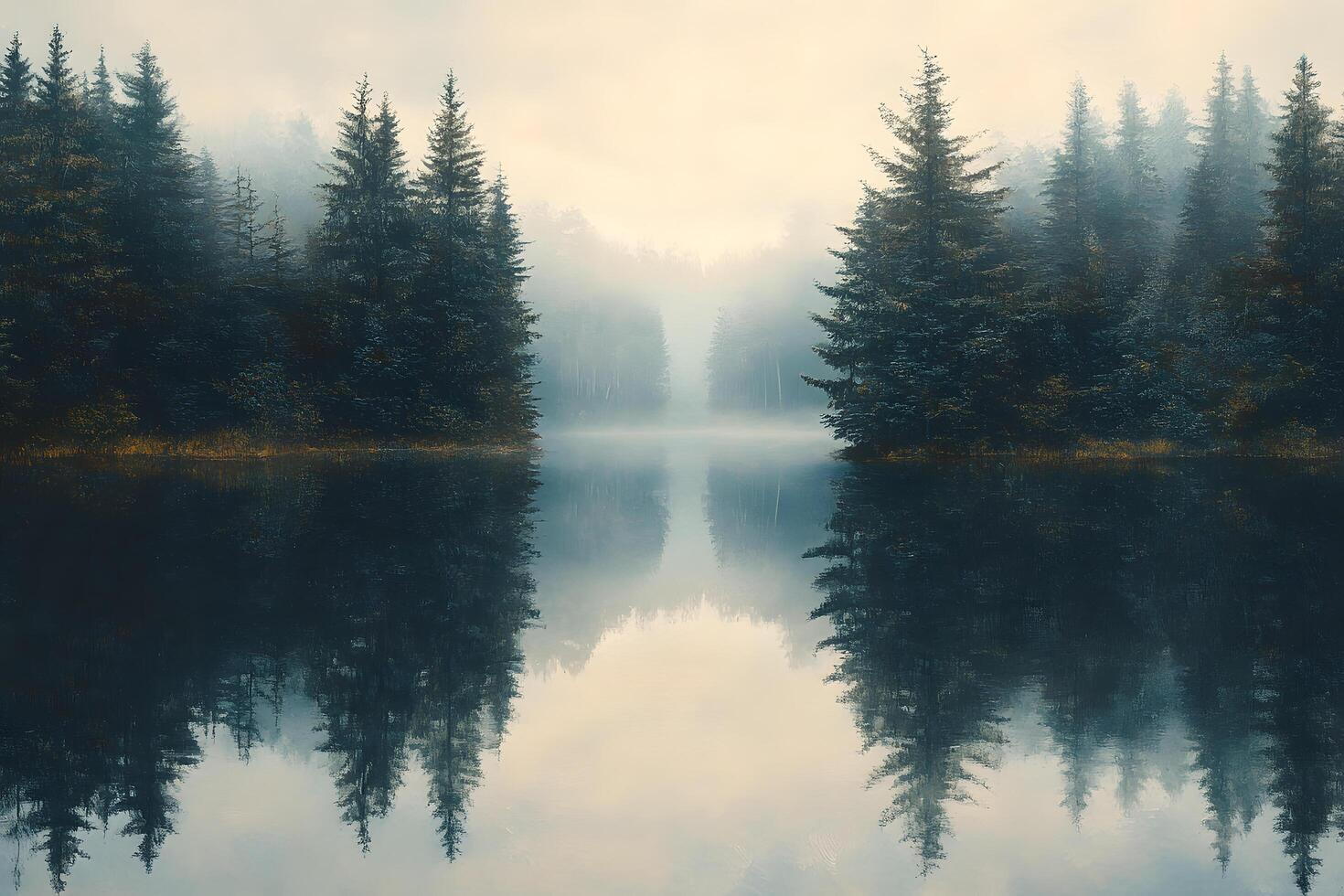 Misty lake reflecting serene forest trees peaceful autumn scene photo