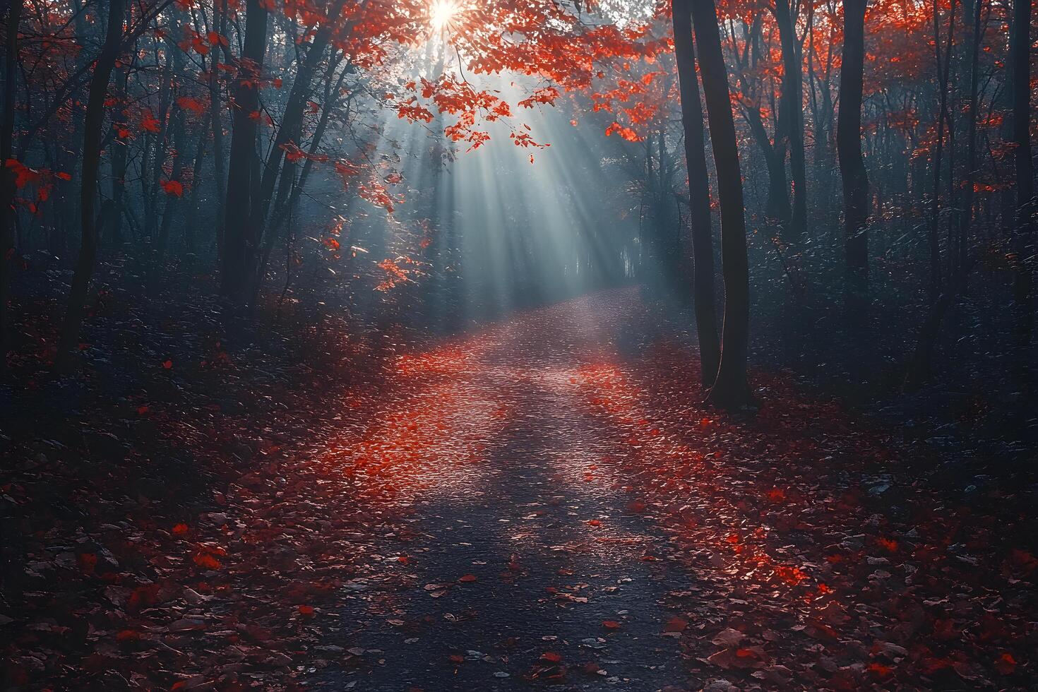 Sunlit autumn path in a dark forest red leaves on the ground misty atmosphere photo