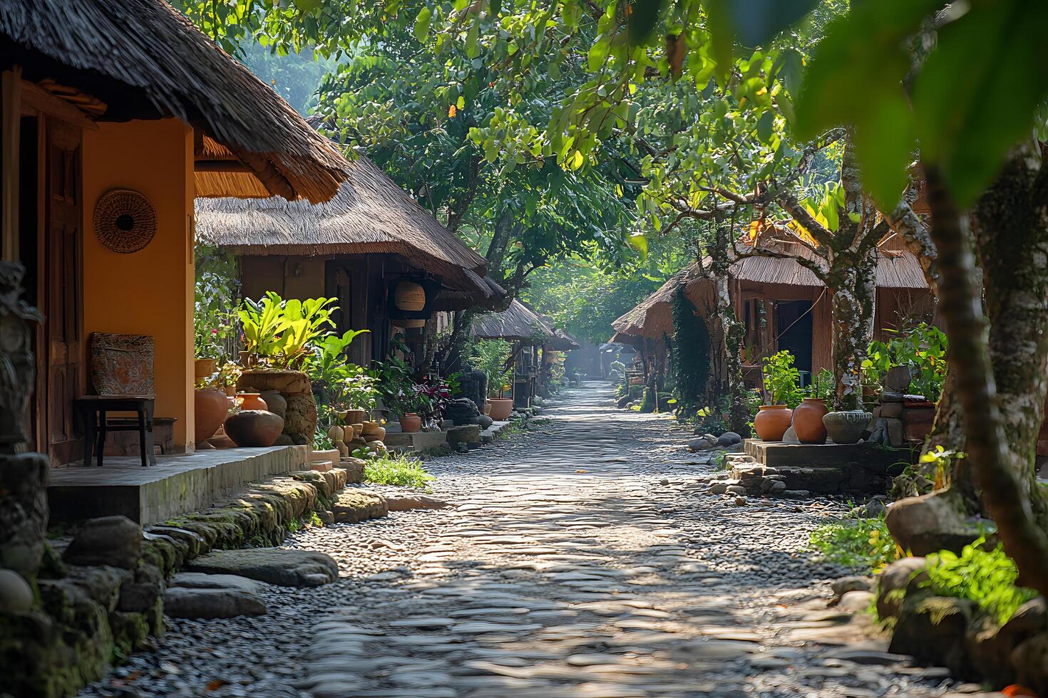 Sunlit village path lined with charming thatched roof houses and lush greenery photo