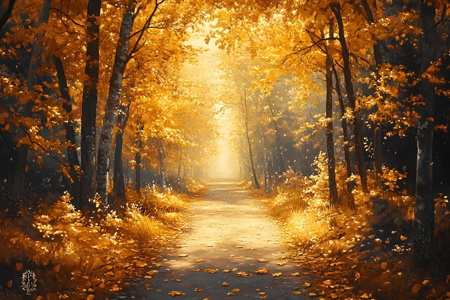 Golden autumn path through a sunlit forest trees ablaze with fall colors leaves on the ground photo
