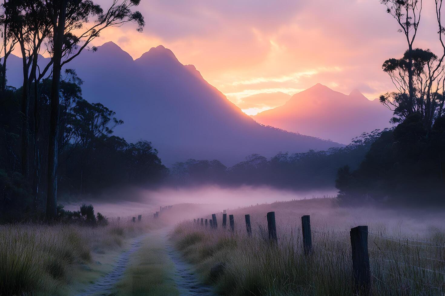 Misty sunrise path through grassy field towards majestic mountains photo