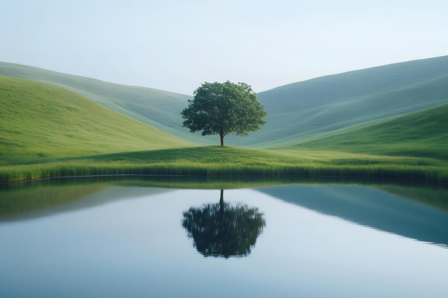Serene tree reflected in calm water surrounded by rolling green hills a tranquil landscape photo