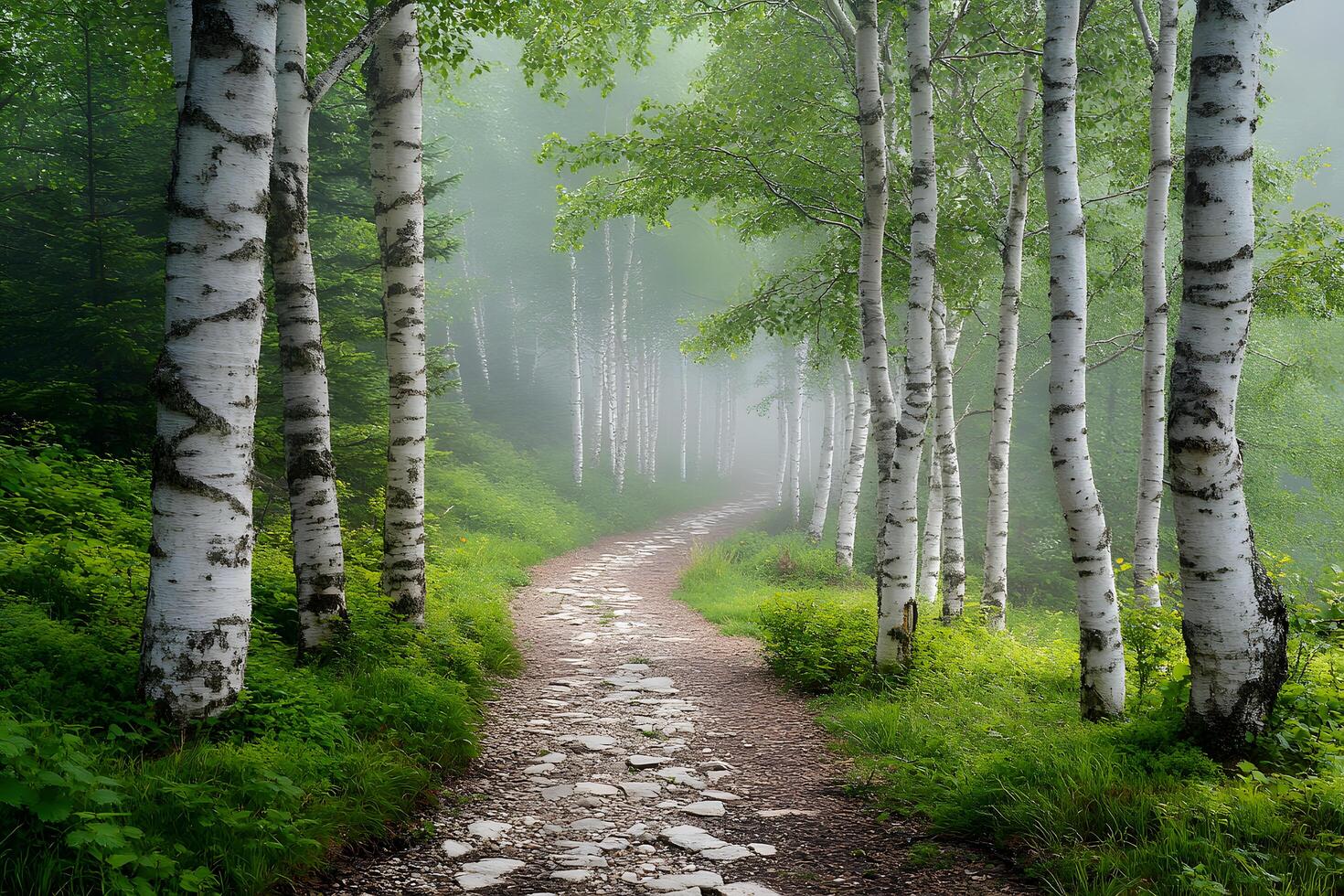 Misty morning path winding through birch trees a serene forest scene photo
